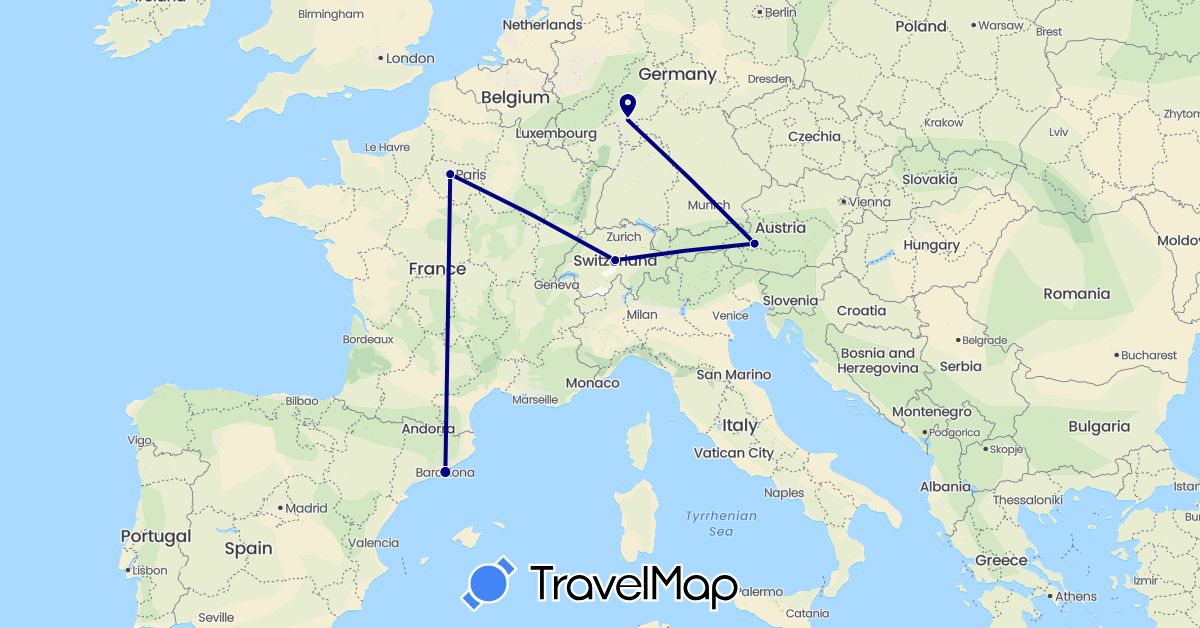 TravelMap itinerary: driving in Austria, Switzerland, Germany, Spain, France (Europe)